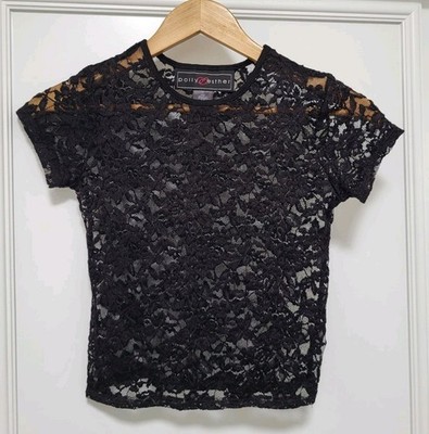 Black Sheer Stretch Lace Fairy Grunge Whimsigoth Short Sleeve Crop Top Sz S