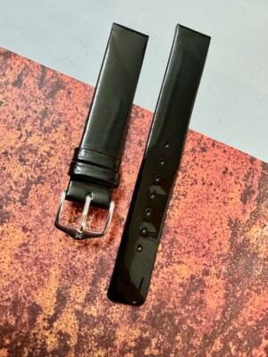 Reflective 16mm black Patent Leather vintage watch band by Hirsch NOS calf-lined