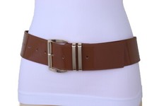 New Women Brown Wide Fashion Jeans Pant Waistband Belt Gold Metal Buckle M L XL