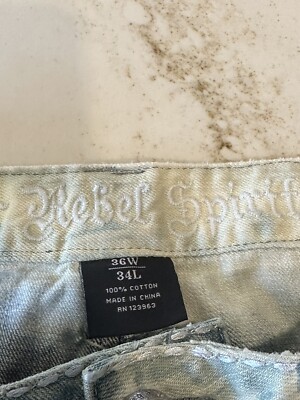 Rebel Spirit Embroidered Denim Jeans Light Wash Men's Sz 36x34