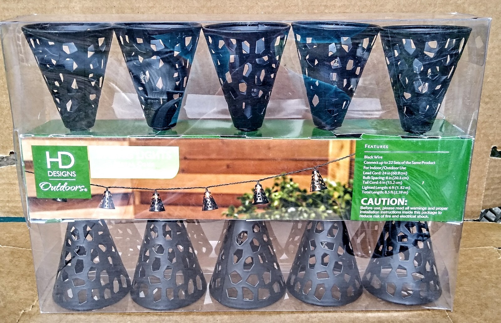 HD DESIGNS OUTDOORS STRING LIGHTS METAL CONE 10-LIGHT SET INDOOR/OUTDOOR GARDEN