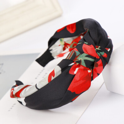 NEW Black Floral Fabric Knot Headband Summer Boho Hair Accessory Hair Band  - Main Image