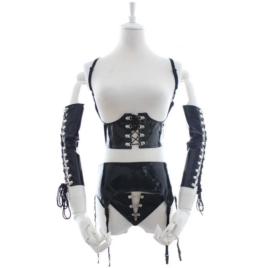 Sexy Leather Bodysuit Dress Dominatrix Costume Arm Binder T-Back Garter Belt Hot - Image 4 of 4