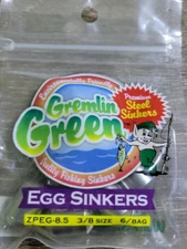Water Gremlin #ZPEG-8.5 Gremlin Green Egg Sinkers,Steel Sz 3/8oz-1pk of 6pcs-NEW