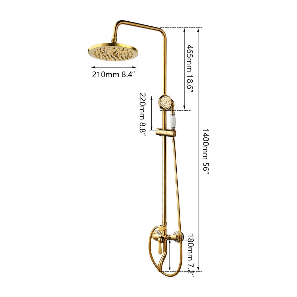 Golden Shower Faucet Set Round Heads Rainfall Spout Wall Mounted Brass