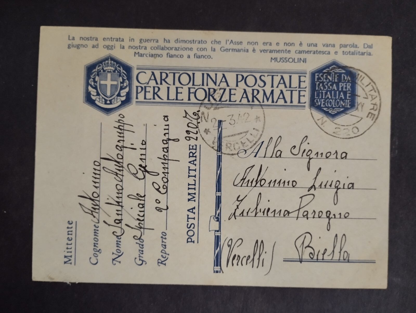 Timbro Posta Militare N. 220 WW2 Libia 1942 WZ935