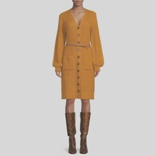 Bohemian Rose Women's Belted Sweater Dress with Pockets, Gold Leaf, Medium