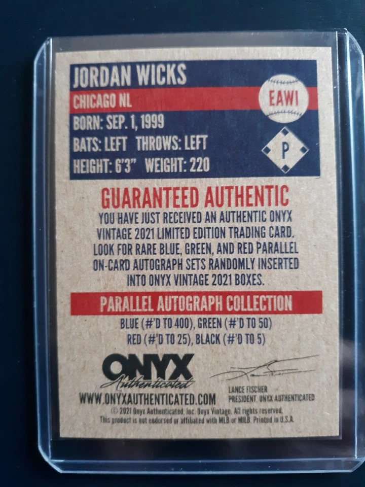 Jordan Wicks Cubs 2021 Onyx Vintage Authenticated LtdEd/400 Auto Rookie Card - Image 2 of 2