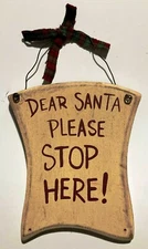 Dear Santa Please Stop Here! Wooden Plaque Sign Wall Décor with Hanger Wire