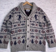 Schott Bros. Handcrafted Wool Blend Men's Large Cardigan Ski Motif Thick Sweater