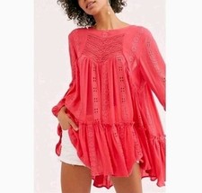 Free People Size Small Kiss Kiss Embroidered Eyelet Boho Mini Dress Top Pink 