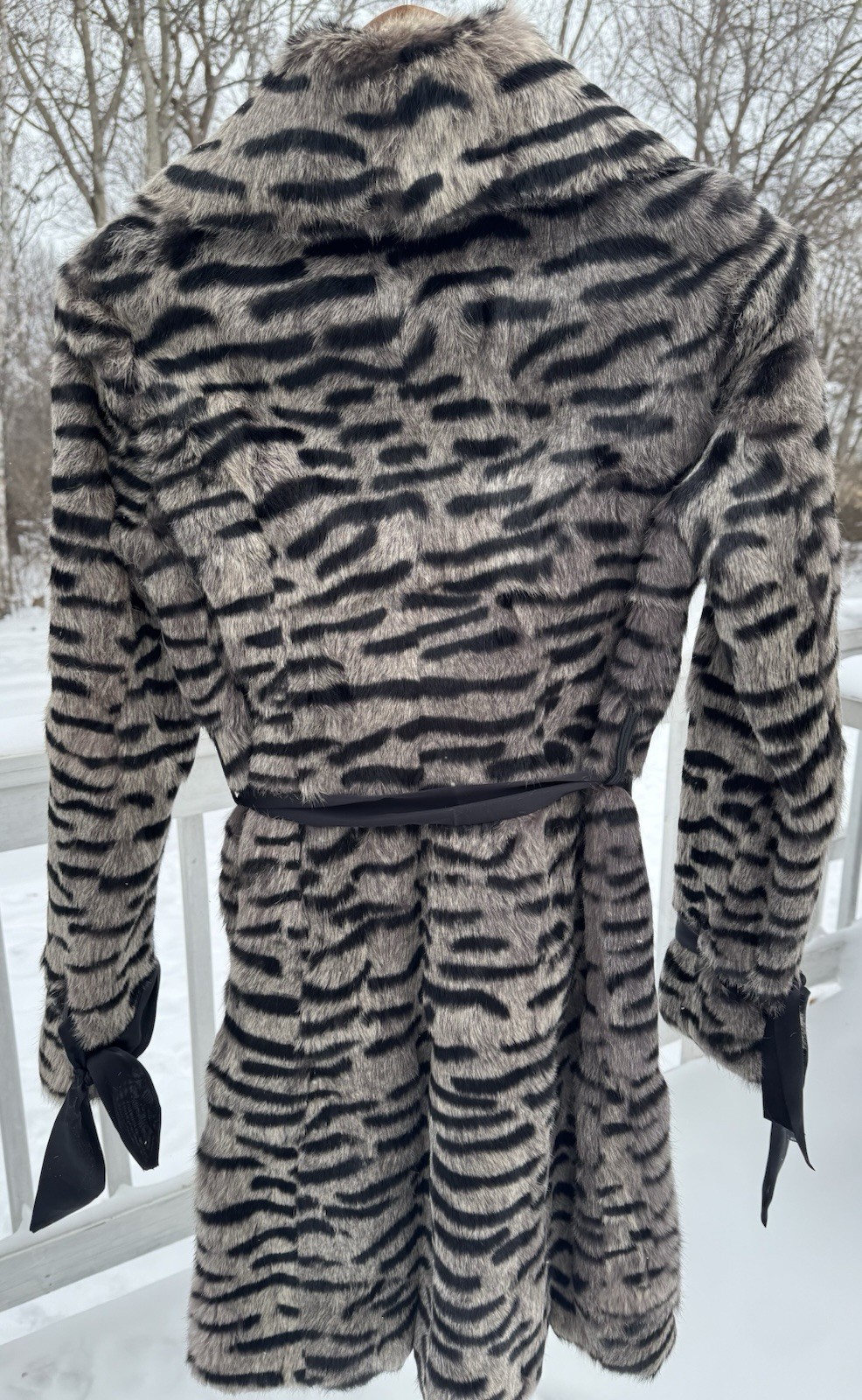 Vintage Bebe Dyed Rabbit Fur Coat Medium Tiger Stripe Print Leather Trim Belted