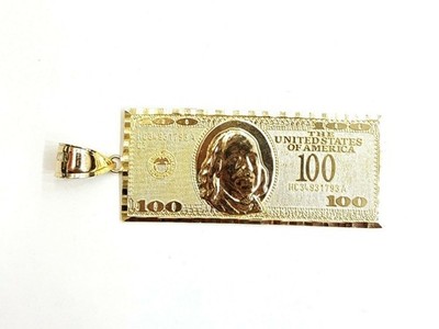 14k yellow gold 100 dollar bill money lucky pendant charm fine jewelry 9.8g