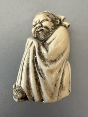 Japanese Netsuke-Style Carved Robed Elder Figure Holding Staff, Long Beard
