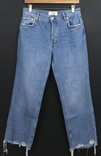 Free People Maggie Mid Rise Straight Leg Jeans Distressed-Hem Button-Fly Size 28