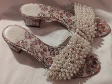 Tory Burch size 7.5 M Tatiana Hicks Garden Printed Satin Pearl 45mm Slides Shoes