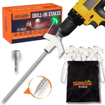 ADVENTURE SEEKA 15-Pack 8" Heavy Duty Screw in Tent Stakes Drill-In Ground Anchor Pegs Includ...