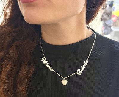 Personalisierte 925 Sterling Silber Doppel Namenskette mit CZ Herz Sonderanfertigung