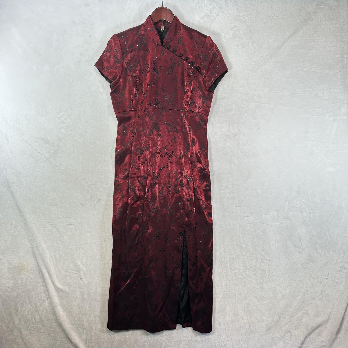 90s asian dress Vintage Taurus II Womens 8P Red Floral Satin Maxi Cheongsam Chinese dress