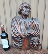 Antique 19thc wood carved  wall plaque of Evangelist saint MAtthew angel