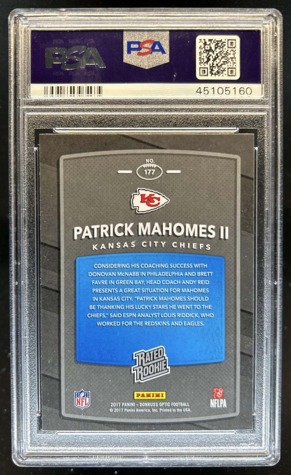 2017 Panini Donruss Optic Patrick Mahomes II Rookie RC Rated #177 Chiefs PSA 10 view 2