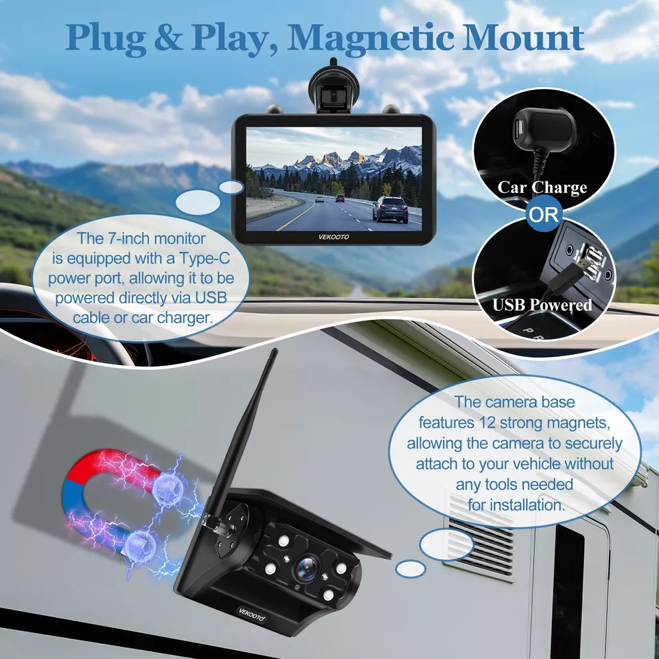 2 Solar Magnetic Wireless Backup Camera 7" HD Monitor Rear View Reverse System - Image 2 of 4