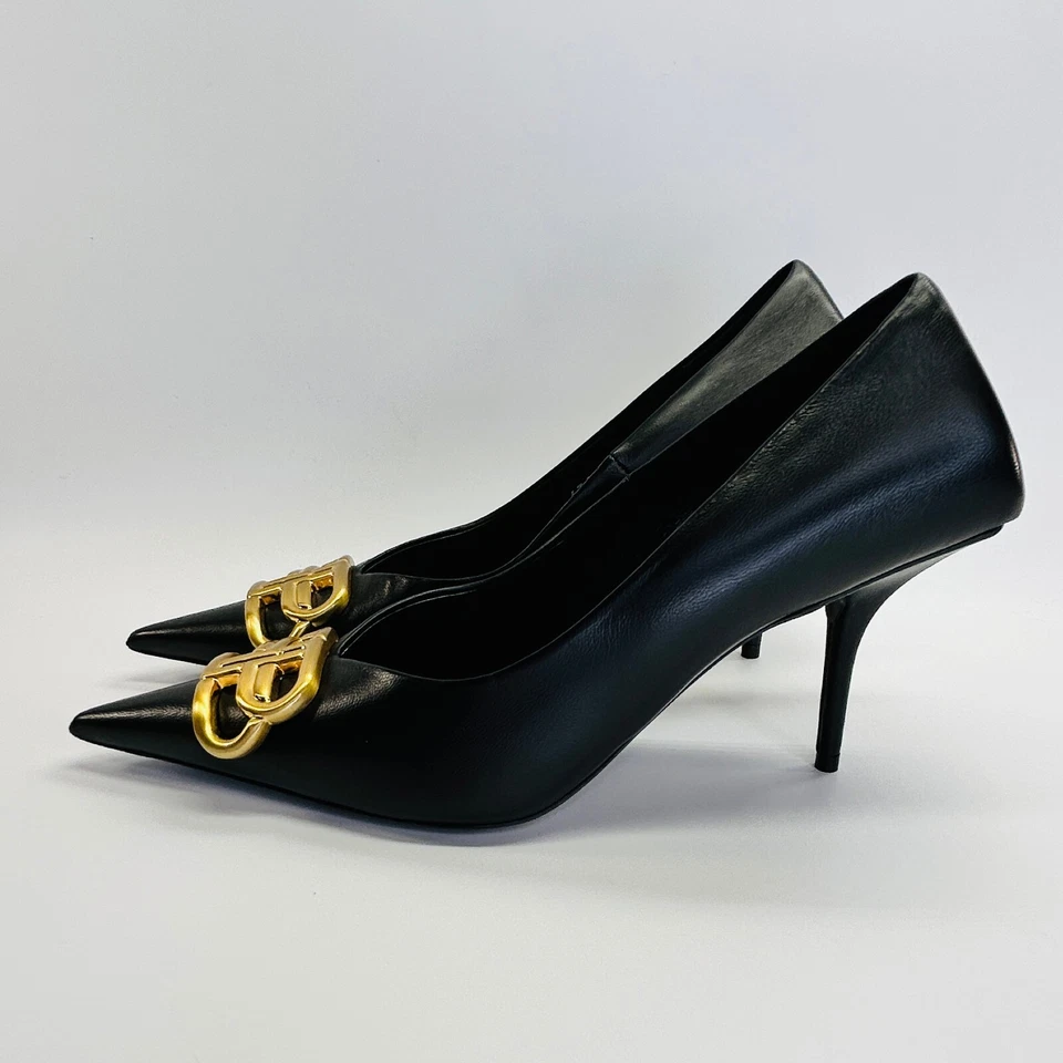 Cuchillo Balenciaga BB Cuadrado Bomba Talla 38 Cuero Negro Punta Dorado Logo Tacón Foto 4 de 4