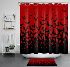 Spooky Scary Halloween Black Bat on Red Shower Curtain Bathroom Accessories Set