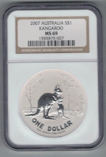 2007 Australia $1 1oz .999 Pure Silver Frosted Reg Kangaroo Coin CERT. NGC MS69