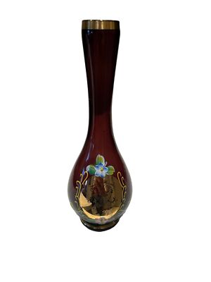 Vintage Nasco Japan hand painted glass bud vase purple gold flowers 8'' x 3''
