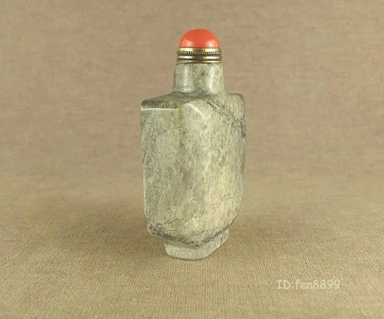 Hermosa botella de tabaco tallada en jade a rayas china con tapa superior de coral rojo Foto 4 de 4