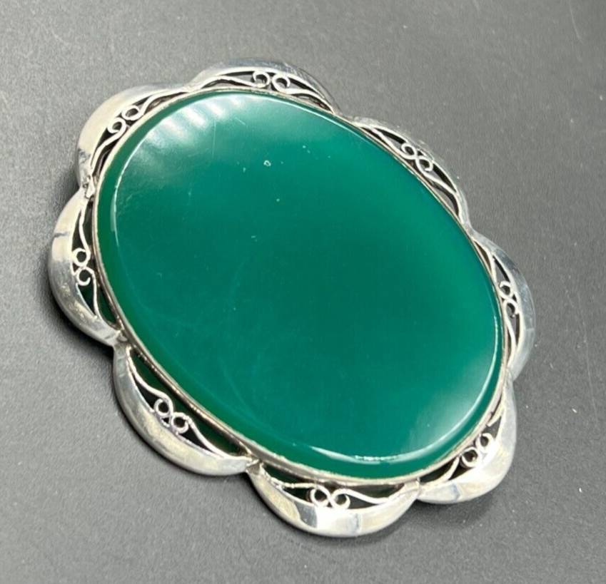 Antique Solid Silver & Chrystoprase Large Brooch … - image 7