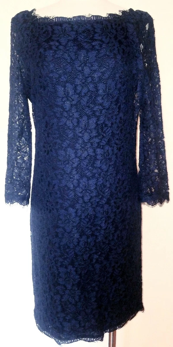 Diane Von Furstenberg Navy Blue Lace Long Sleeve Back Zipper Dress