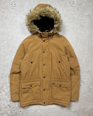 Carhartt WIP Trapper Parka Size M Tan Brown Faux Fur Hood Work