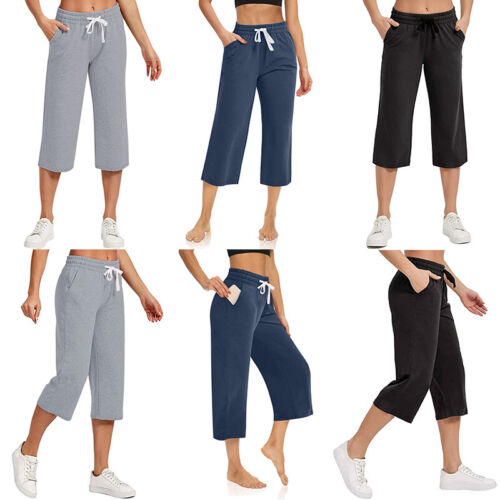 Women Capri Legging Soft Workout Joggers Wide Leg Crops High Waisted Yoga Pan