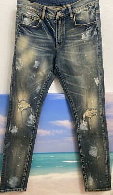NWOT Embellish NYC Mens Size 32x32 KYOTO Blue Denim Jeans PAINT SPLAT DISTRESSED