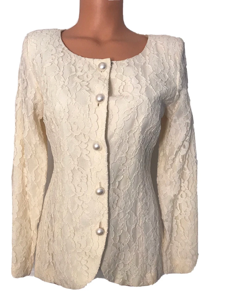 Chaqueta De Colección Años 90 Talbots Donna Ricco Off White Encaje Superpuesto Talla 4 Foto 2 de 4