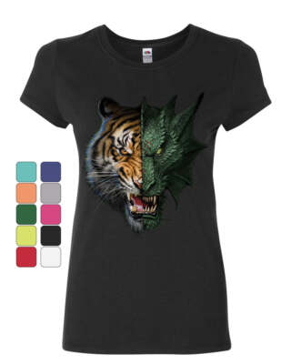 Tiger and Dragon Face Women's T-Shirt Animal Beast Fantasy Monster Fang Shirt