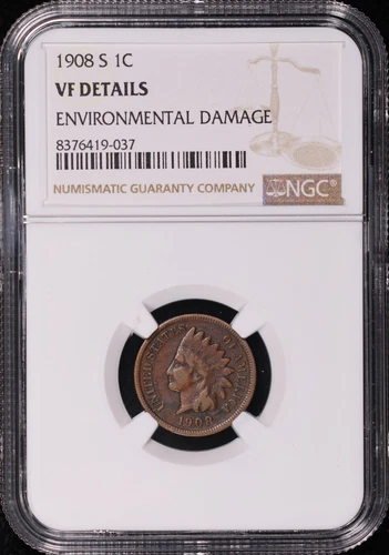 1908-S Indian Head Cent NGC VF Det. Environmental Damage- Key Date, Low Mintage!