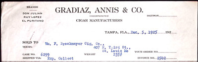 1925 Gradiaz Annis Co Cigar Manufacturer Don Julian Ruy Lopez El Puritano TAMPA