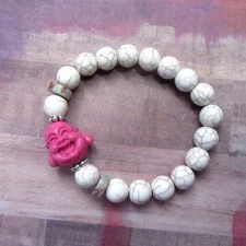 Pink Happy Buddha Bracelet with White Crackle Howlite Beads