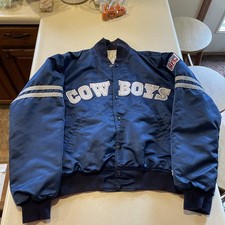 Vintage 80s NFL Dallas Cowboys Blue Starter Satin Bomber Jacket Mens L