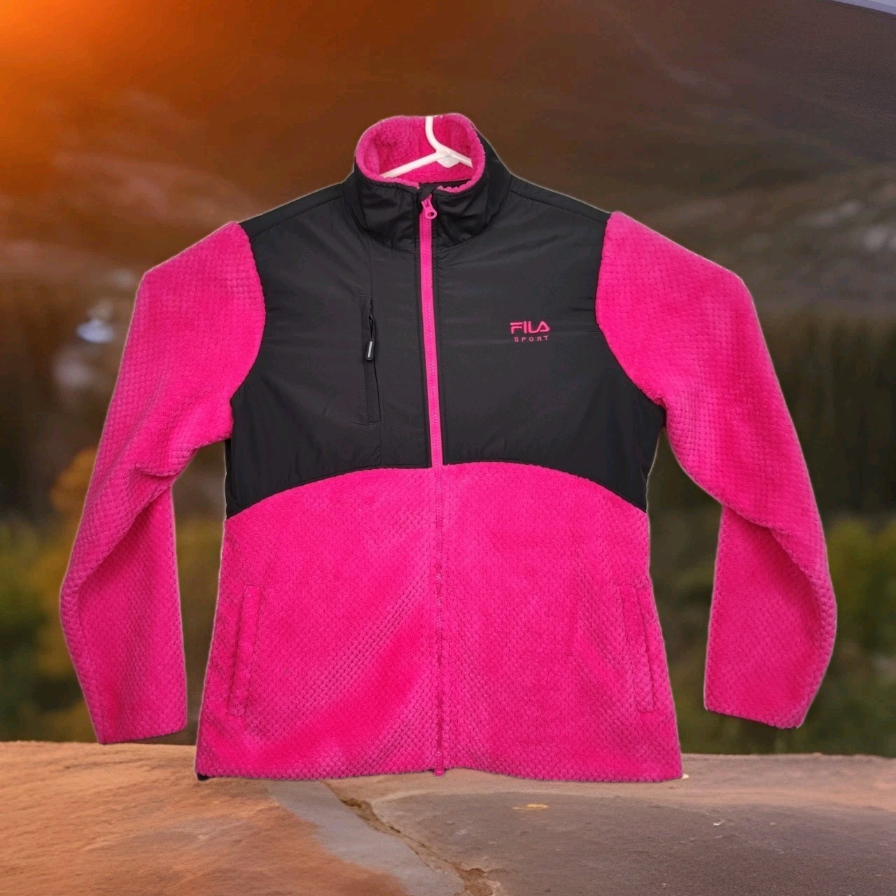 FILA Sport giacca donna full zip fuzzy taglia L rosa brillante e grigio