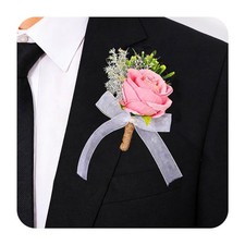 Wedding Rose Boutonniere Pink Groom Flower Men's Boutineer Prom Buttonholes P...