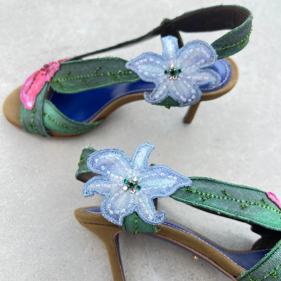 Sergio Rossi | Flower Lily Beaded Sandal Heels Pink Green Blue Canvas(34) - Image 4 of 4