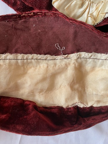 Antique French Handmade Chocolate Velvet Cream Silk Ruffle Lace Skirt Hem c1890s - Picture 7 of 11
