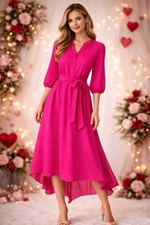 Hot Pink Midi Dress. Tie Waist  Long Sleeves Size M/L