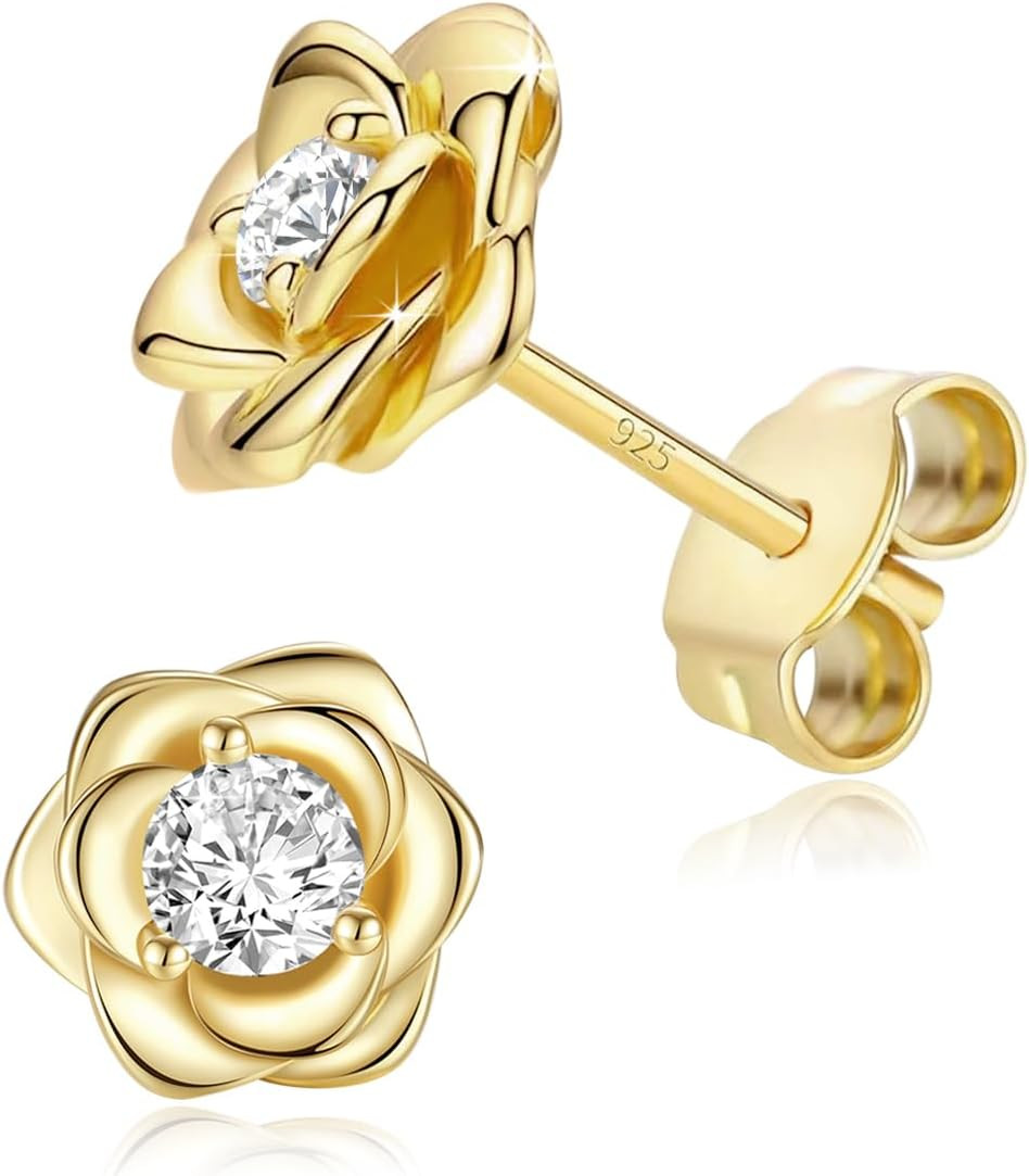 Rose Flower Gold Plated Stud Earrings for Women 925 Sterling Silver Post,Cubic Z