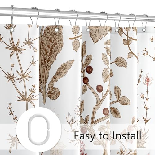 Brown Floral Shower Curtain, Cute Botanical Shower Curtain for Bathroom, Plant - Picture 6 of 6