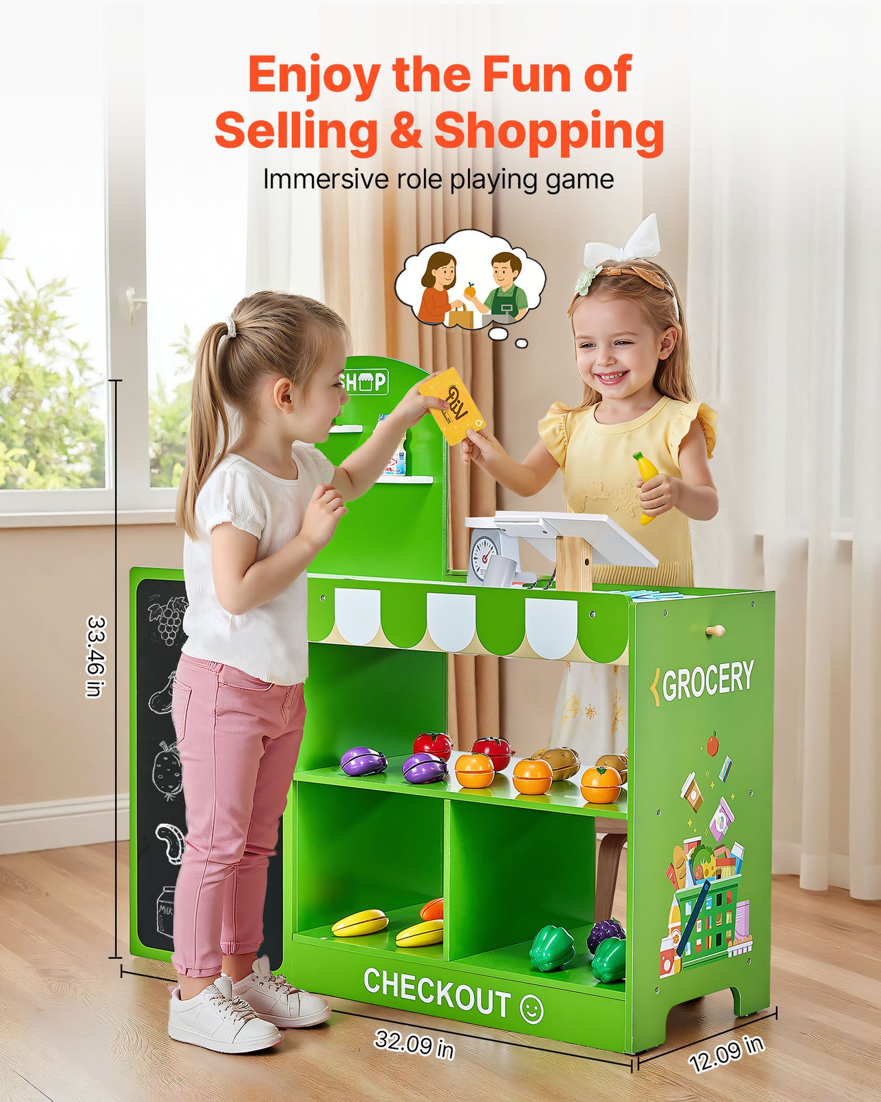 как выглядит VEVOR Kids Grocery Store Playset Wooden Play Market Stand with Cash Register фото
